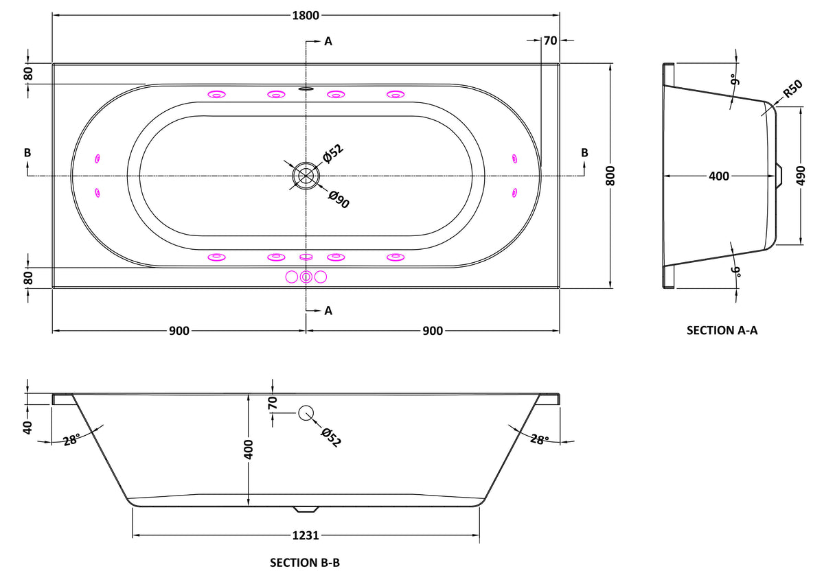 Modern Splash  1800mm Double Ended 12 Jet Whirlpool Bath
