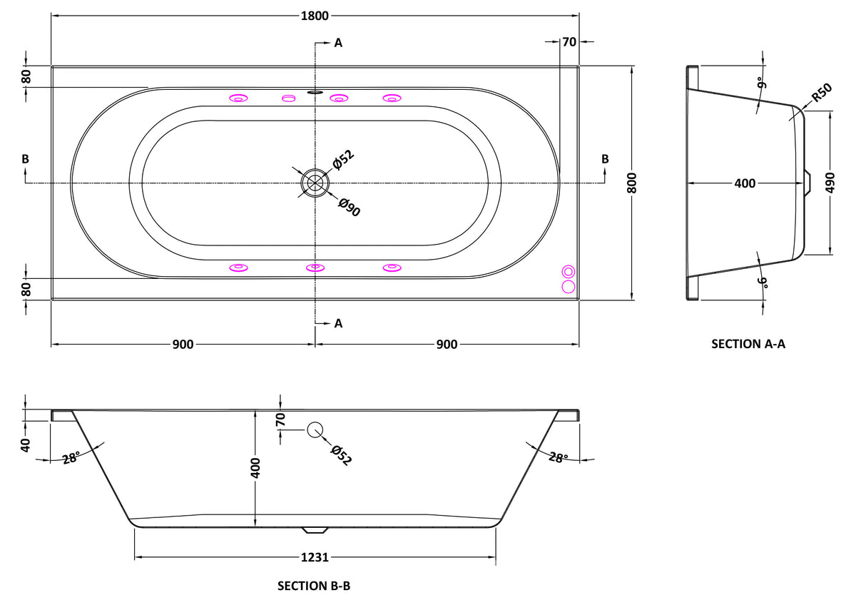 Modern Splash  1800mm Double Ended 6 White Jet Whirlpool Bath Round Double