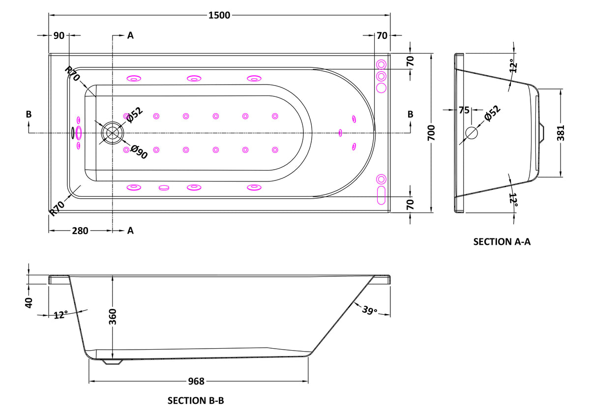 Modern Splash  1500mm Single Ended 11 Jet Hydrotherapy Whirlpool Bath With Light