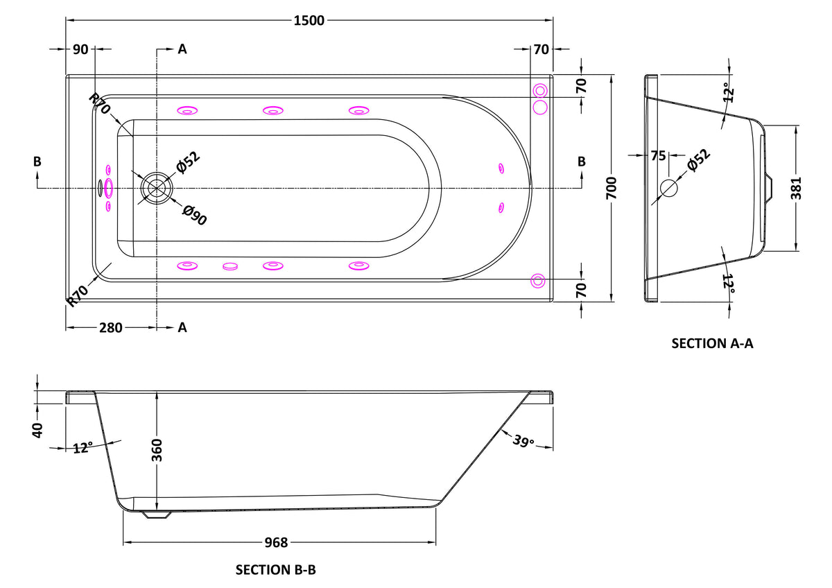 Modern Splash  1500mm Single Ended 11 Jet Whirlpool Bath With Light
