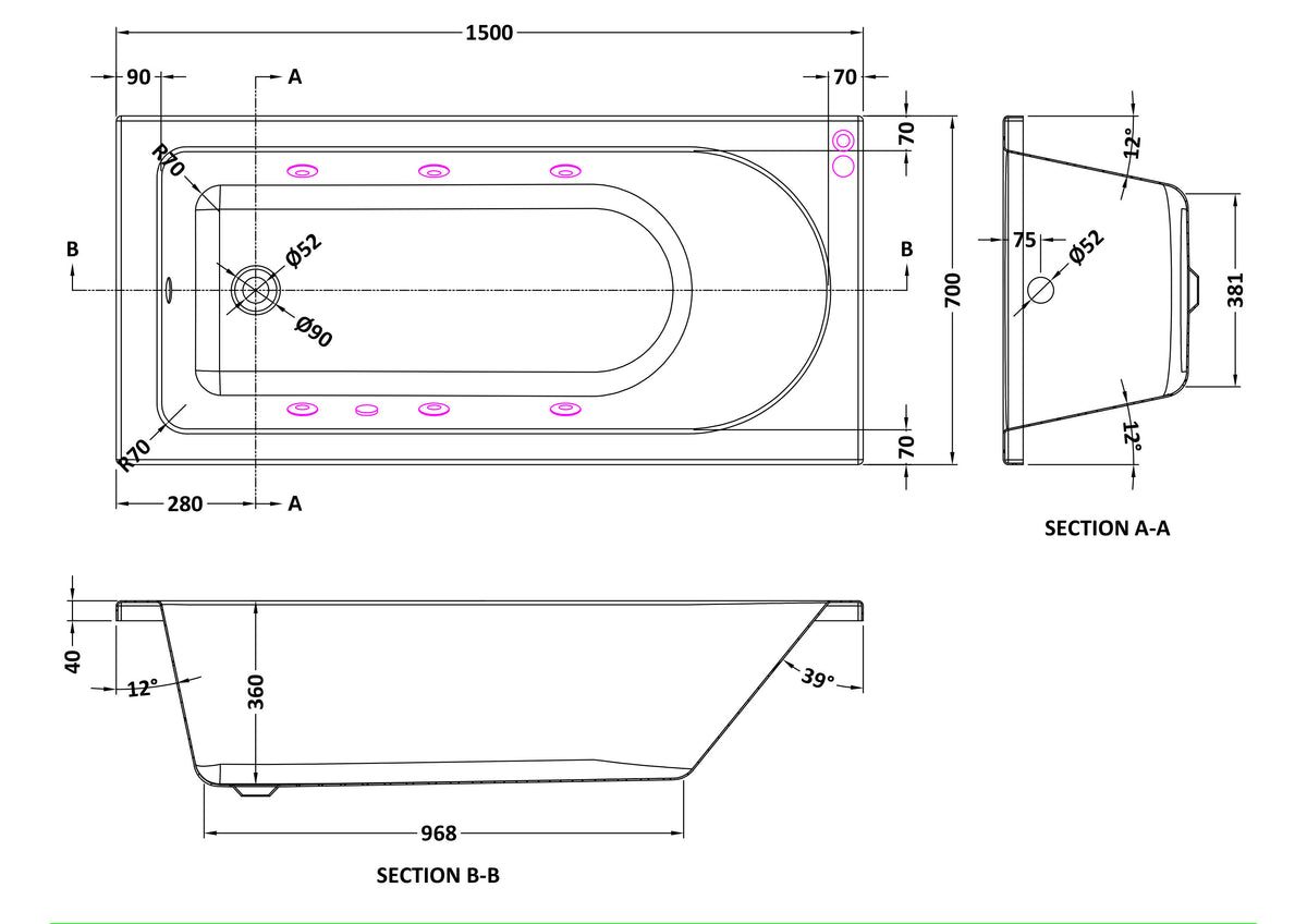 Modern Splash  1500mm Single Ended 6 Chrome Jet Whirlpool Bath