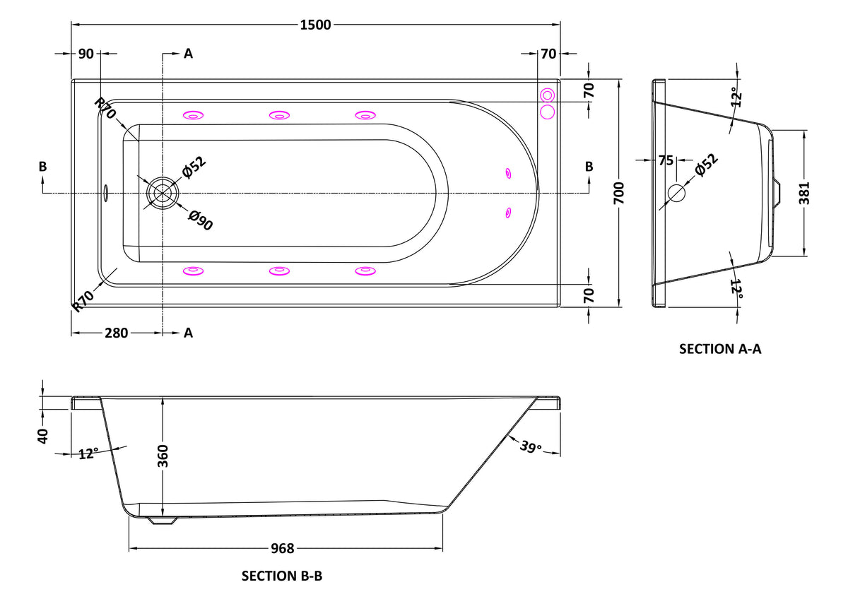 Modern Splash  1500mm Single Ended 8 Jet Whirlpool Bath