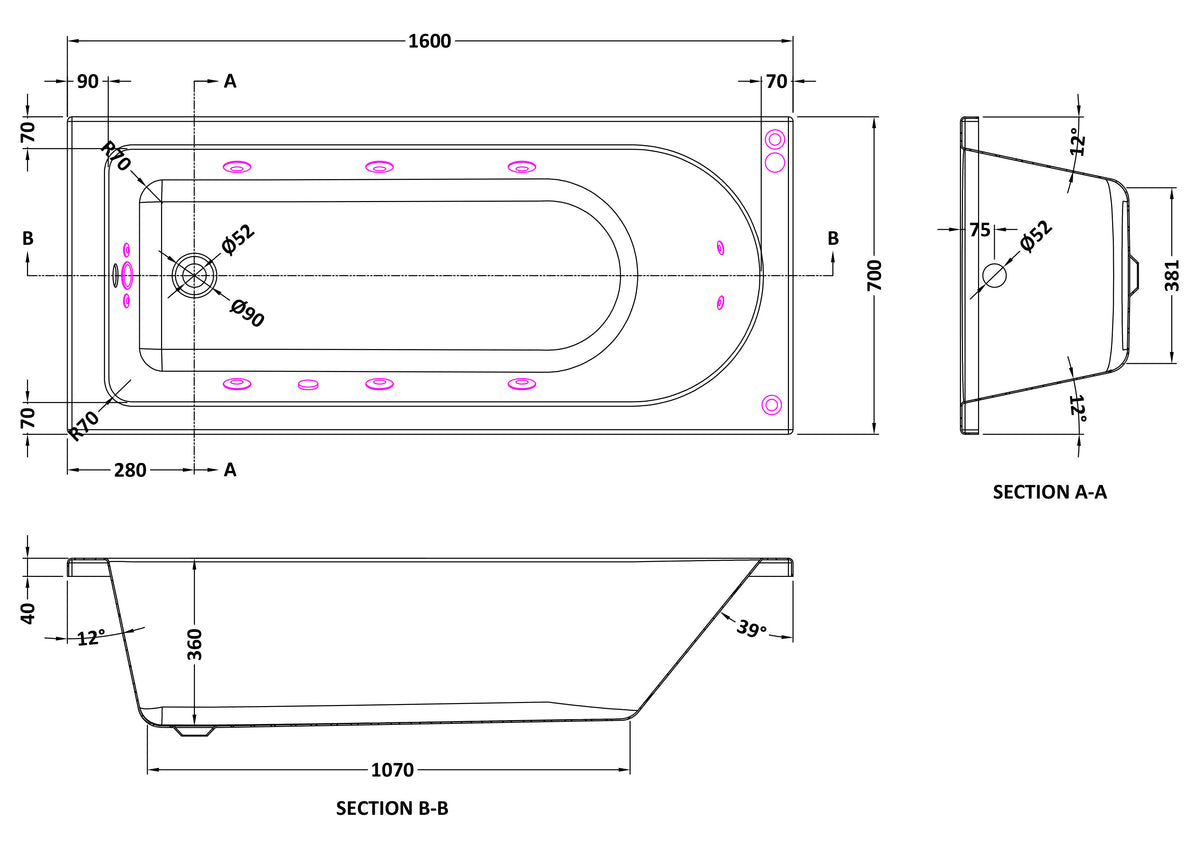 Modern Splash  1600mm Single Ended 11 Jet Whirlpool Bath With Light