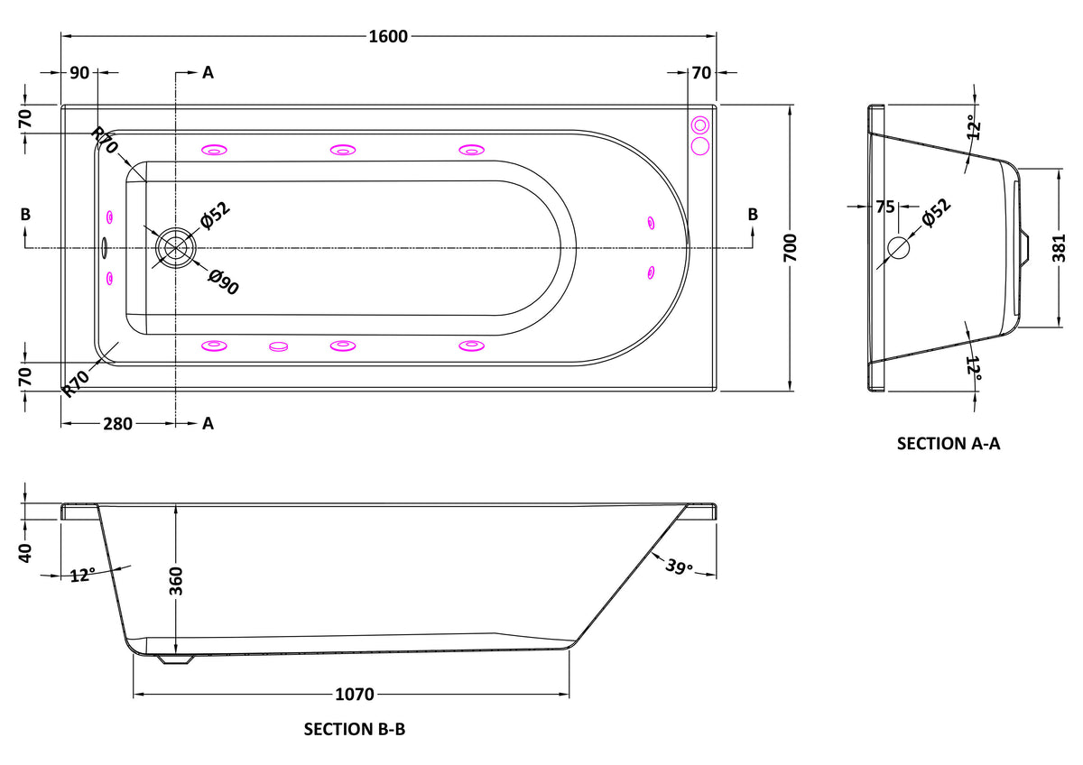 Modern Splash  1600mm Single Ended 11 Jet Whirlpool Bath