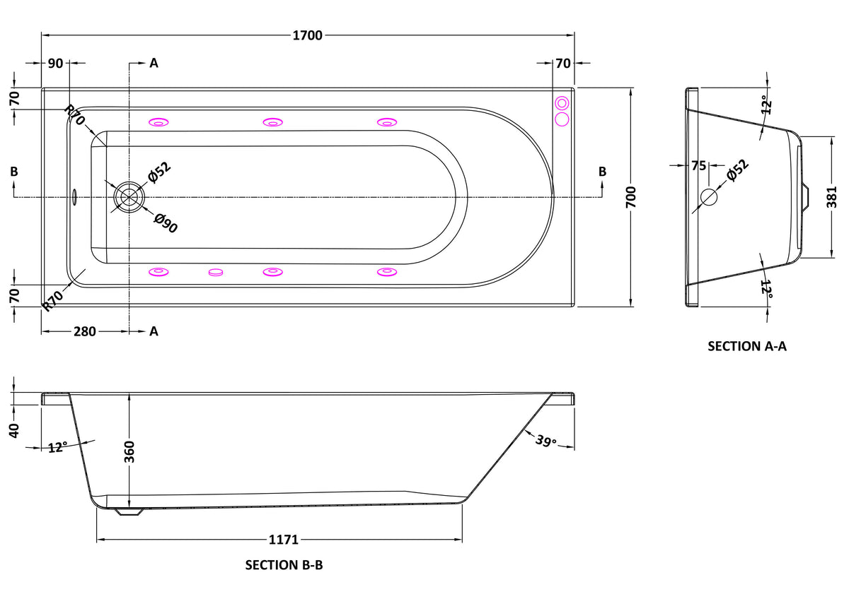 Modern Splash  1700mm Single Ended 6 Chrome Jet Whirlpool Bath Round Single