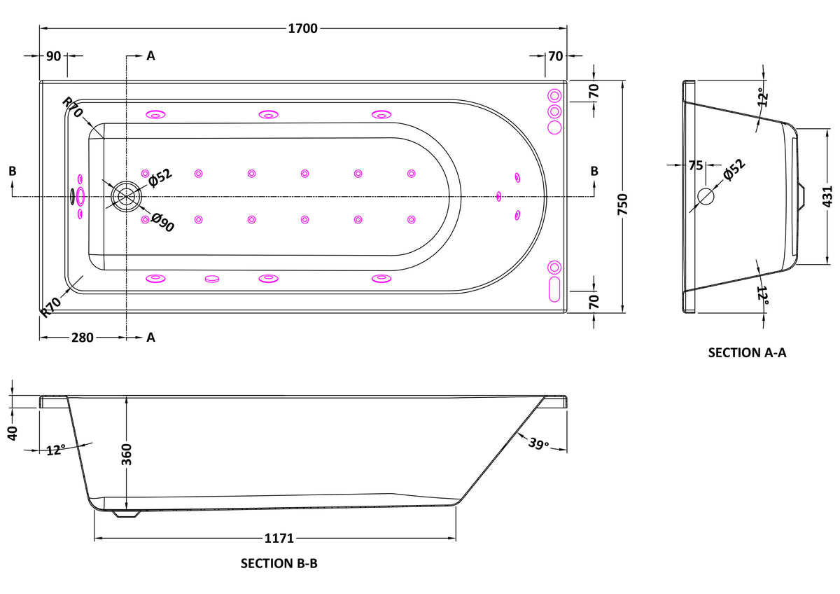 Modern Splash  1700mm Single Ended 11 Jet Hydrotherapy Whirlpool Bath With Light