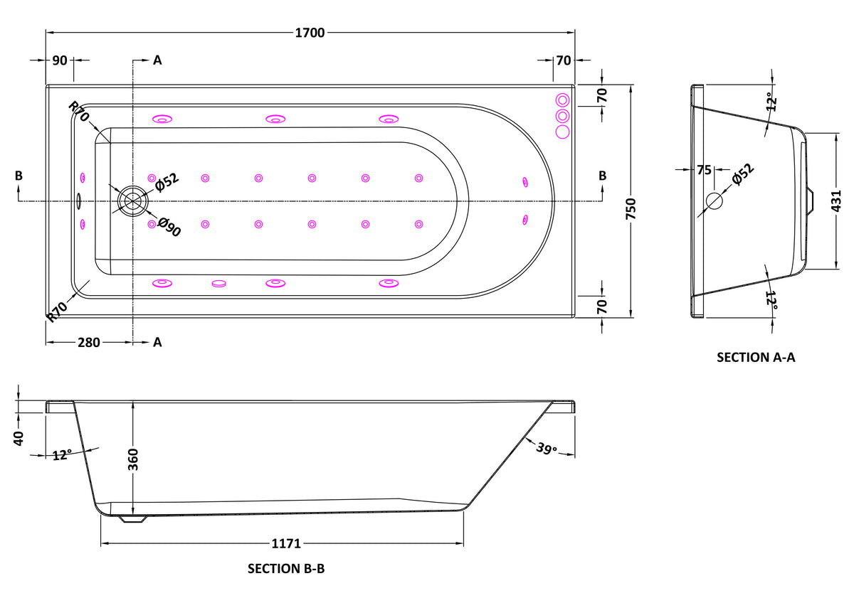 Modern Splash  1700mm Single Ended 11 Jet Hydrotherapy Whirlpool Bath