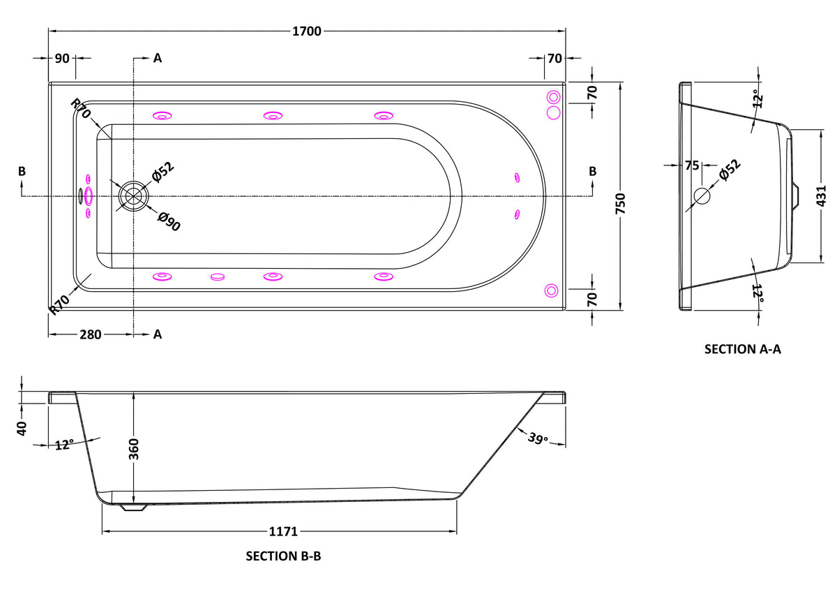 Modern Splash  1700mm Single Ended 11 Jet Whirlpool Bath With Light