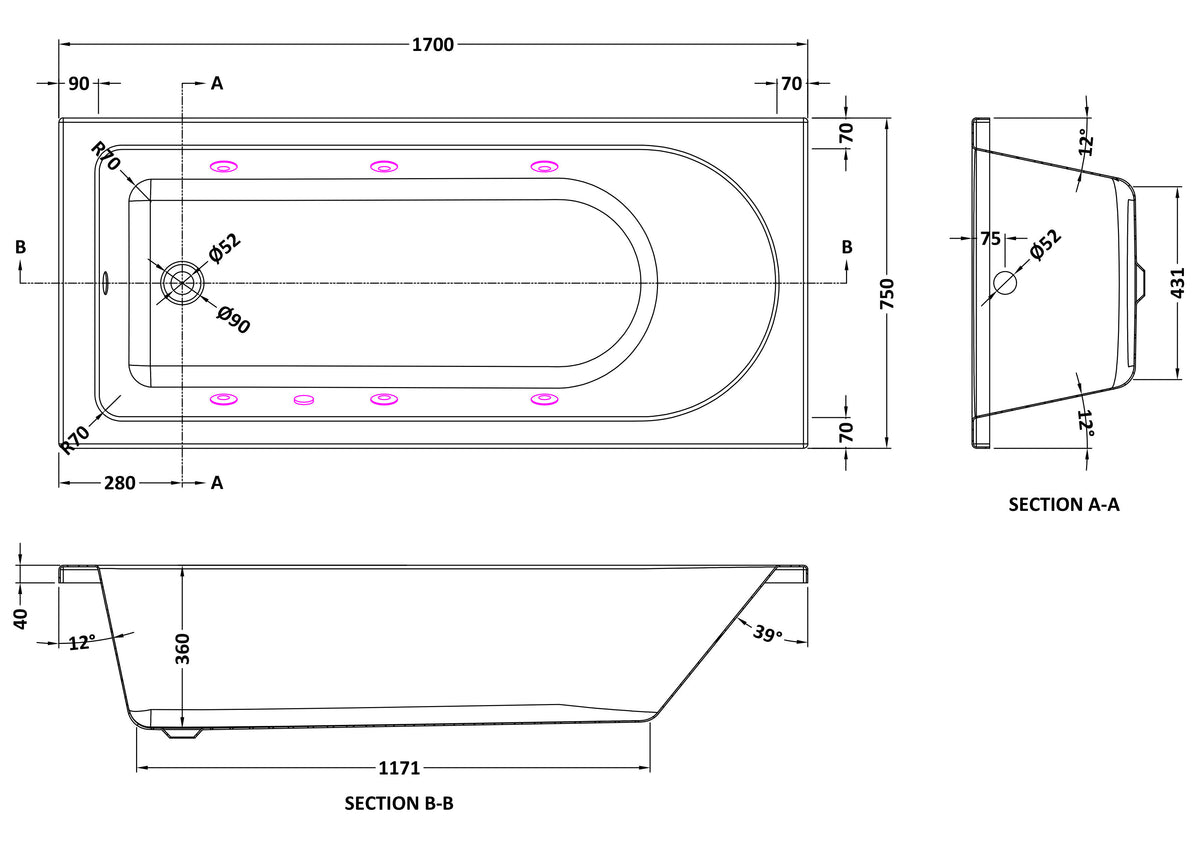 Modern Splash  1700mm Single Ended 6 White Jet Whirlpool Bath