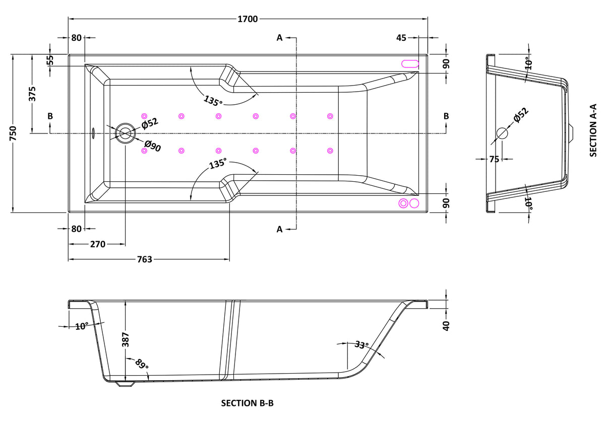 Modern Splash  1700mm Single Ended Straight Hydrotherapy Whirlpool Shower Bath
