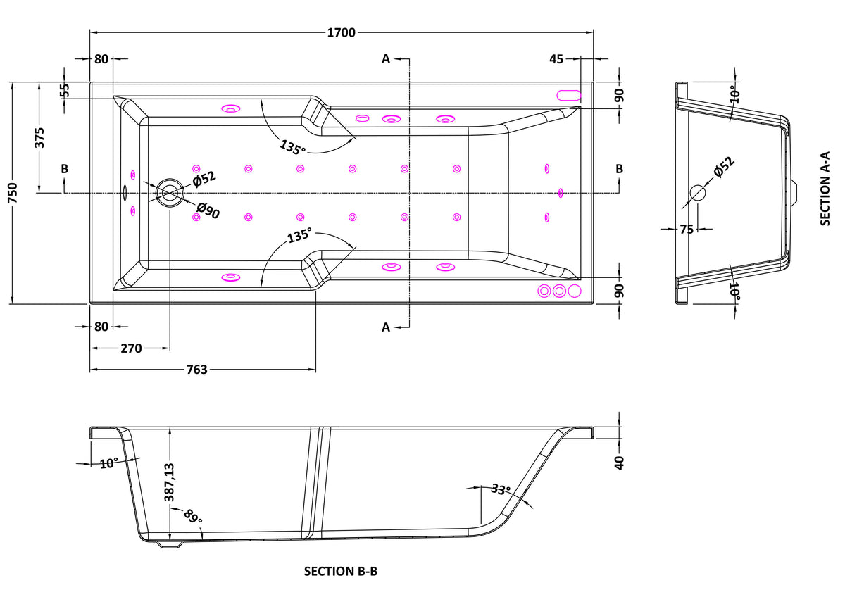 Modern Splash  1700mm Single Ended Straight 11 Jet Hydrotherapy Whirlpool Shower Bath