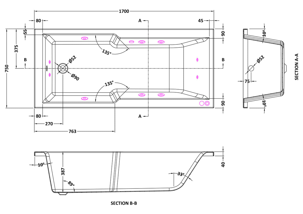Modern Splash  1700mm Single Ended Straight 11 Jet Whirlpool Shower Bath