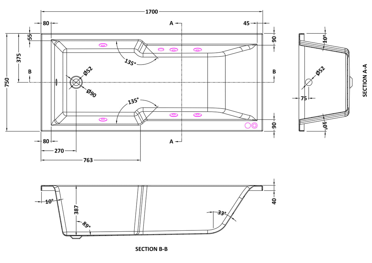Modern Splash  1700mm Single Ended Straight 6 Chrome Jet Whirlpool Shower Bath