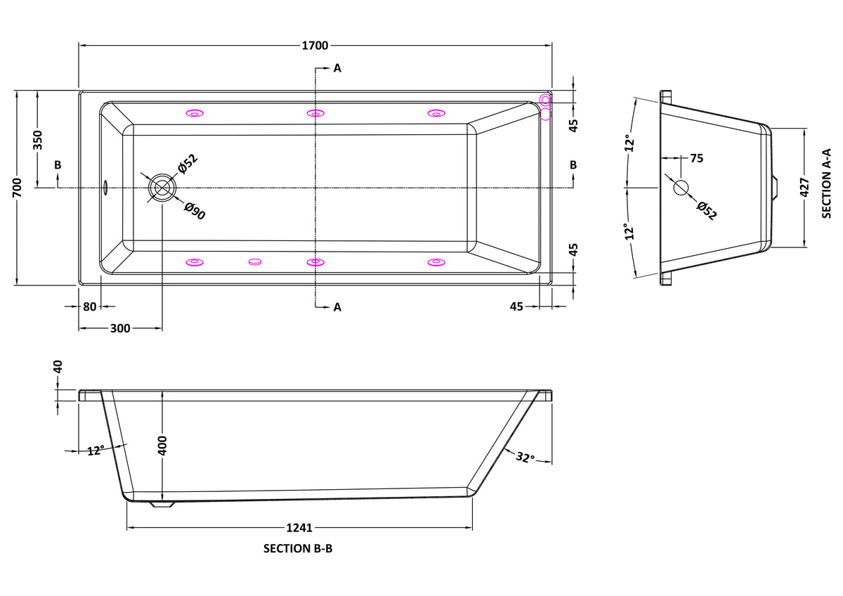 Modern Splash  1700mm x 700mm Thin Edge 6 Jet Whirlpool Bath