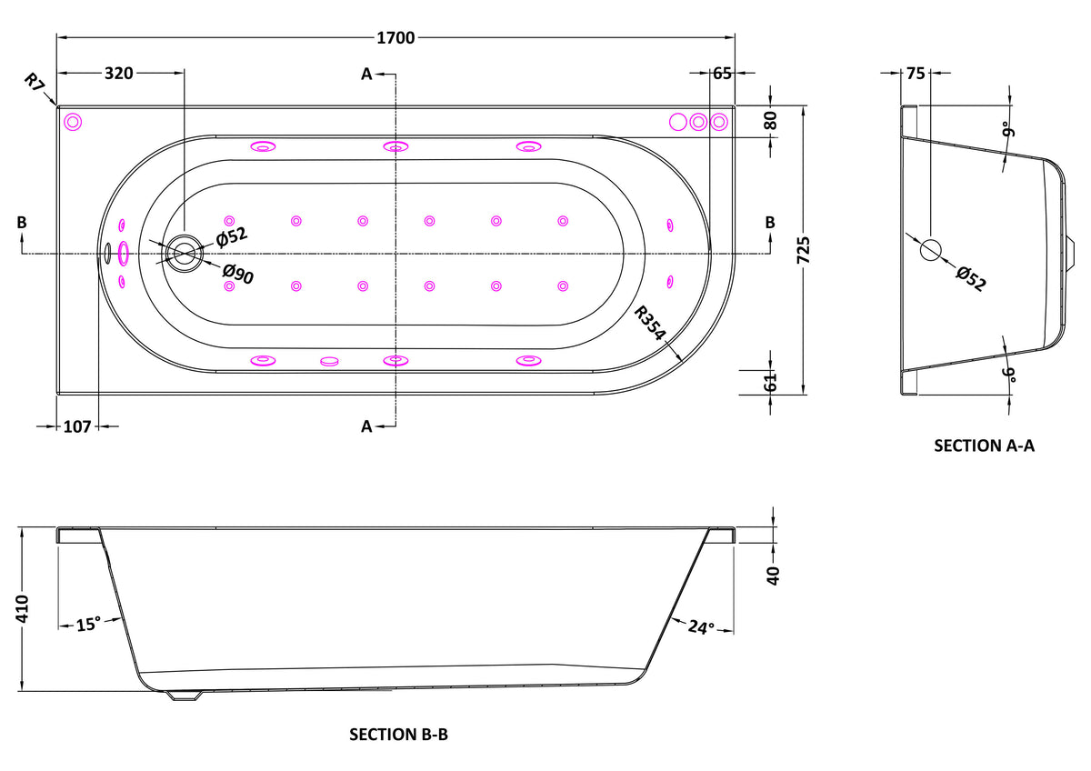 Modern Splash  1700mm Left Hand Curved Corner 11 Jet Hydrotherapy Whirlpool Bath With Light