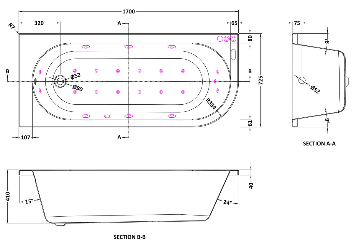Modern Splash  1700mm Left Hand Curved Corner 11 Jet Hydrotherapy Whirlpool Bath