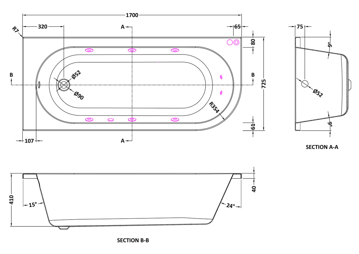 Modern Splash  1700mm Left Hand Curved Corner 8 Jet Whirlpool Bath
