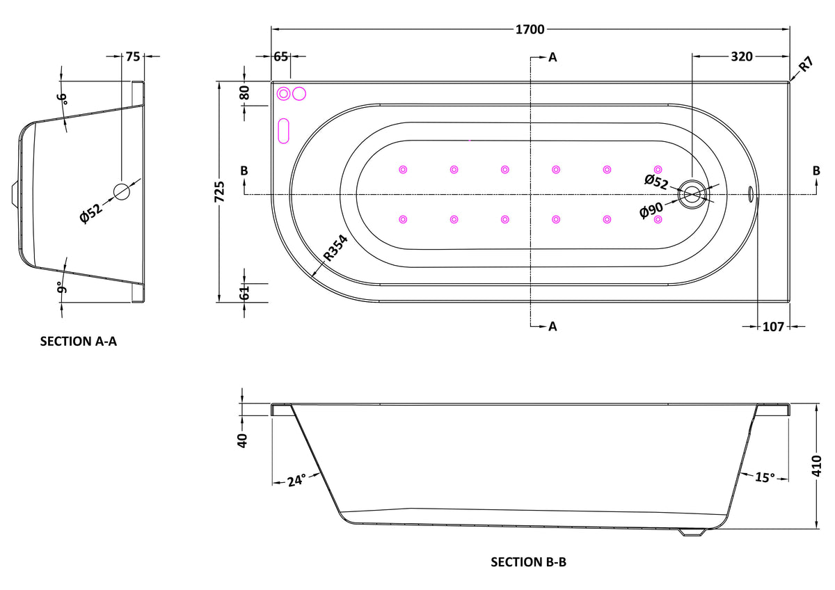 Modern Splash  1700mm Right Hand Curved Corner Hydrotherapy Whirlpool Bath