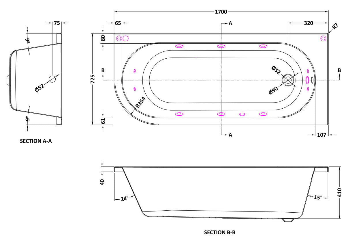 Modern Splash  1700mm Right Hand Curved Corner 11 Jet Whirlpool Bath With Light