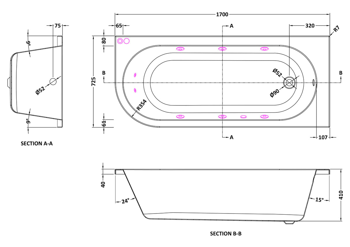 Modern Splash  1700mm Right Hand Curved Corner 8 Jet Whirlpool Bath