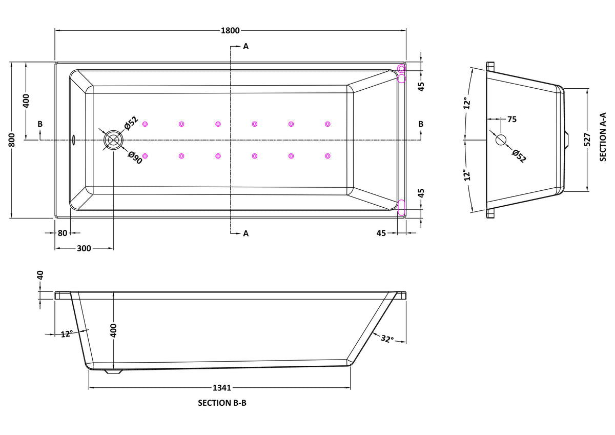 Modern Splash  1800mm Thin Edge Hydrotherapy Whirlpool Shower Bath