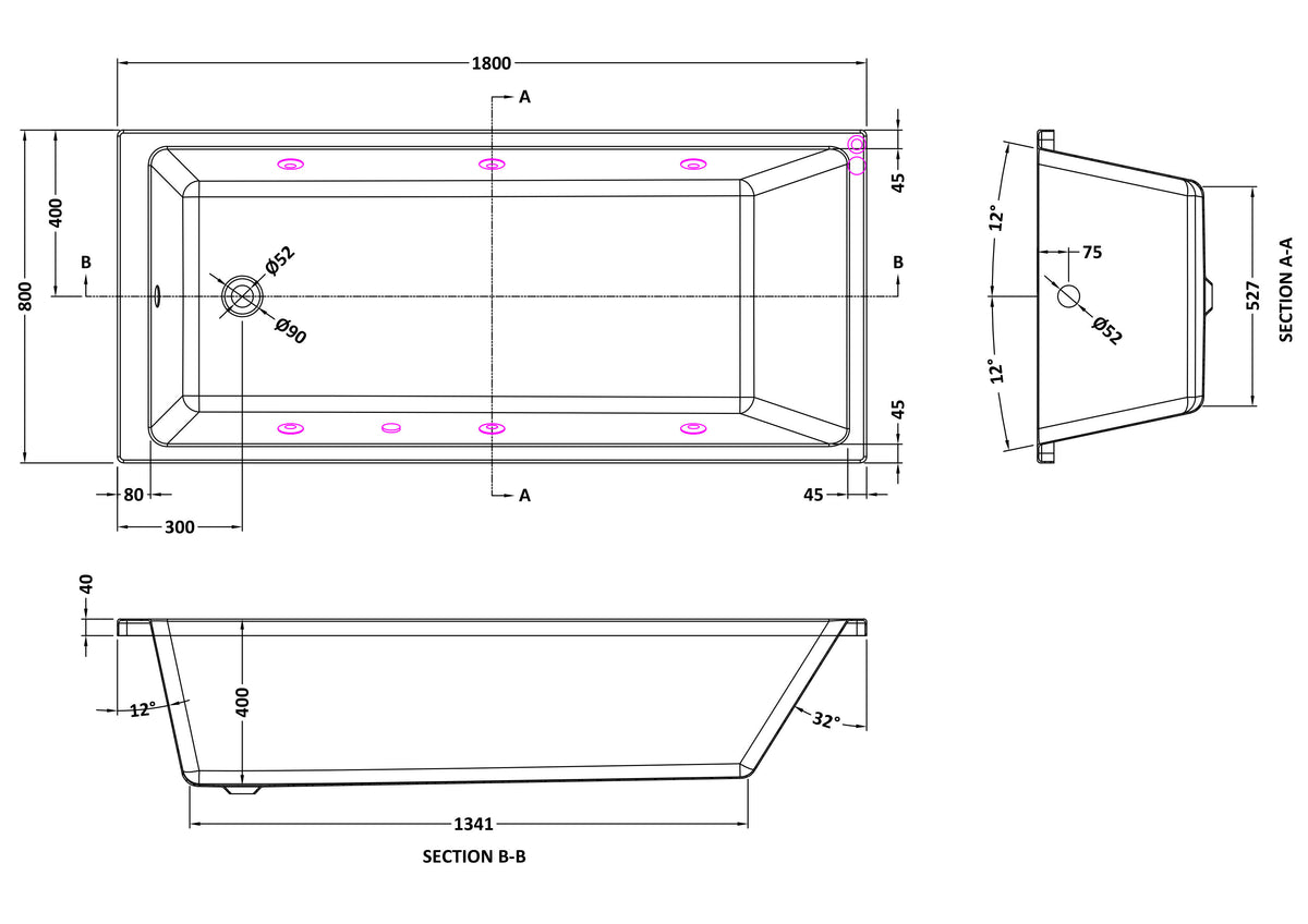 Modern Splash  1800mm Thin Edge 6 Jet Whirlpool Bath