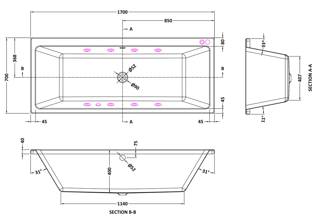 Modern Splash  1700mm x 700mm Thin Edge 8 Jet Whirlpool Bath