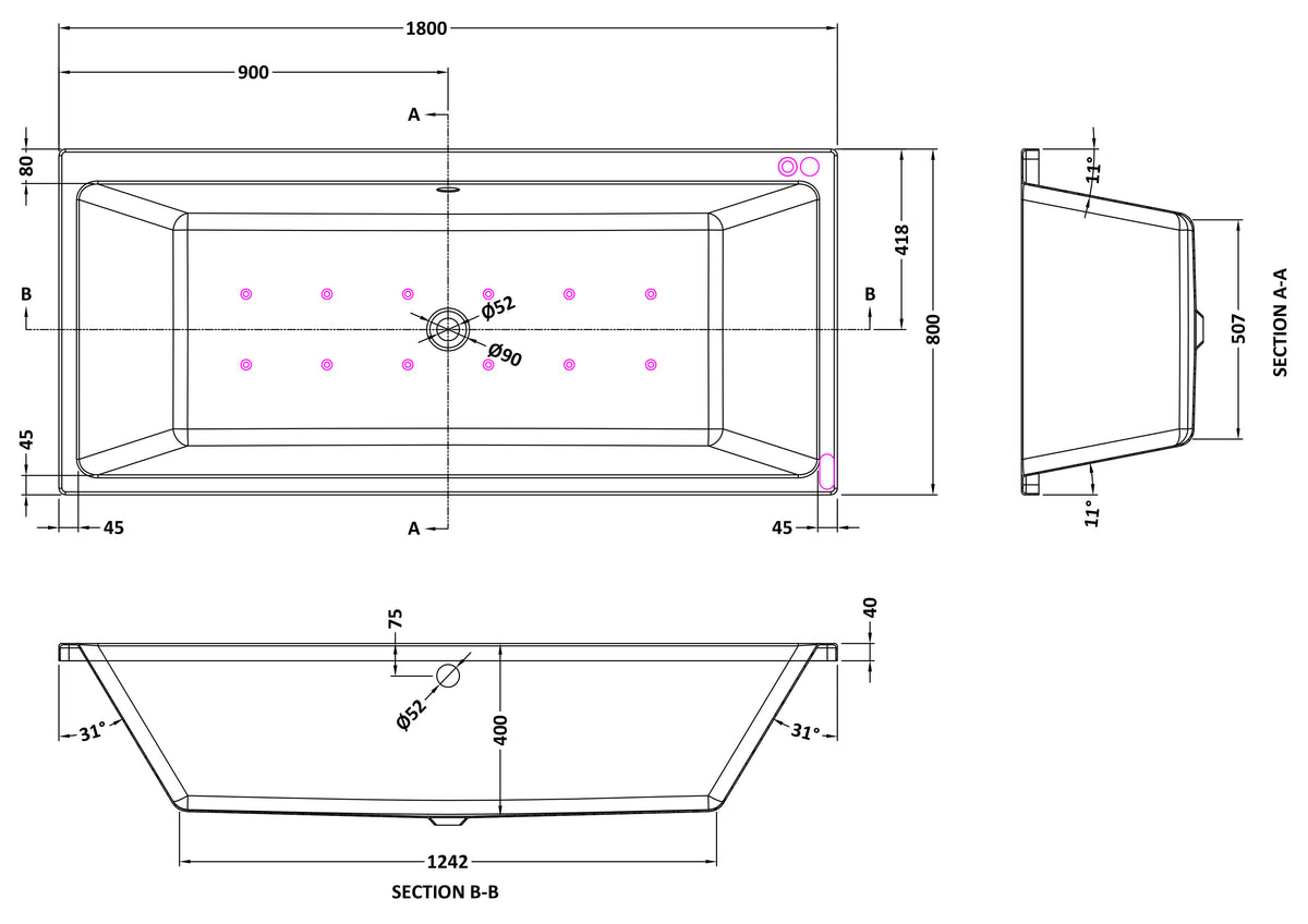 Modern Splash  1800mm x 800mm Thin Edge Hydrotherapy Whirlpool Shower Bath