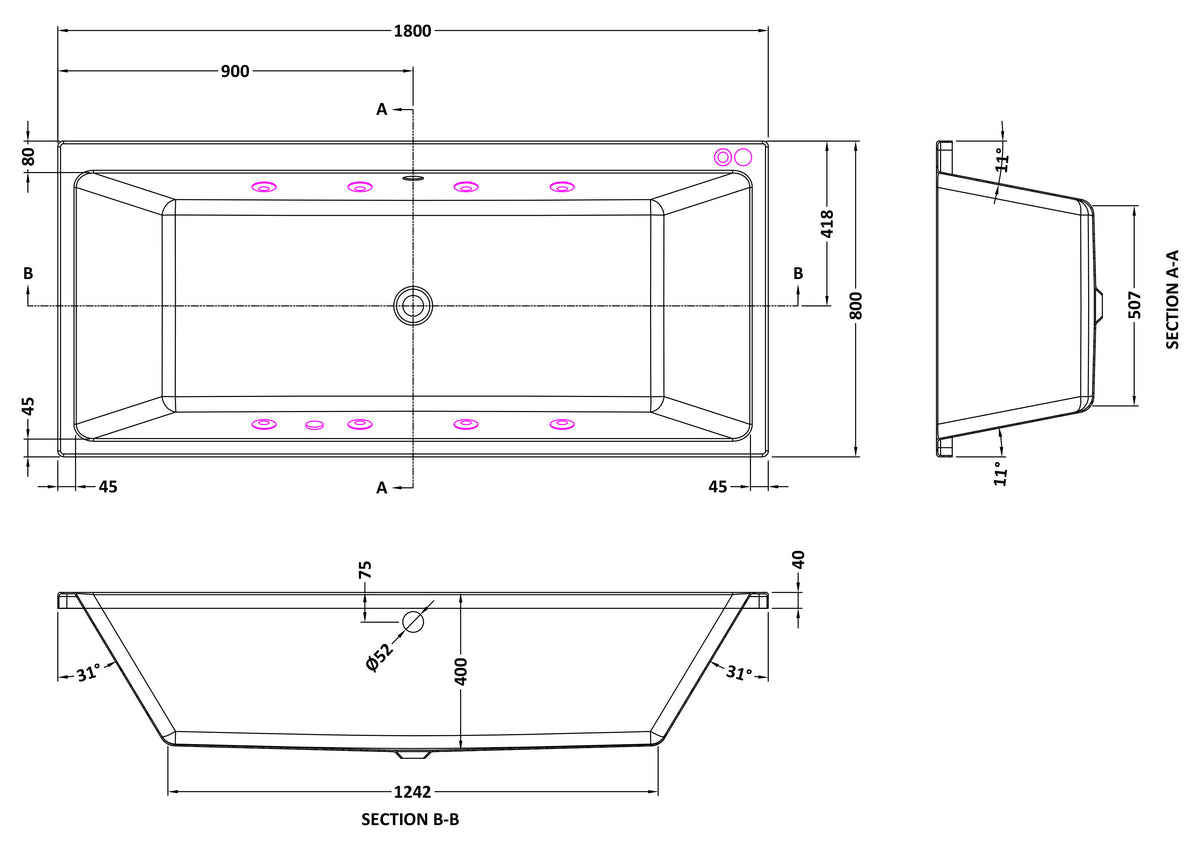 Modern Splash  1800mm x 800mm Thin Edge 8 Jet Whirlpool Bath