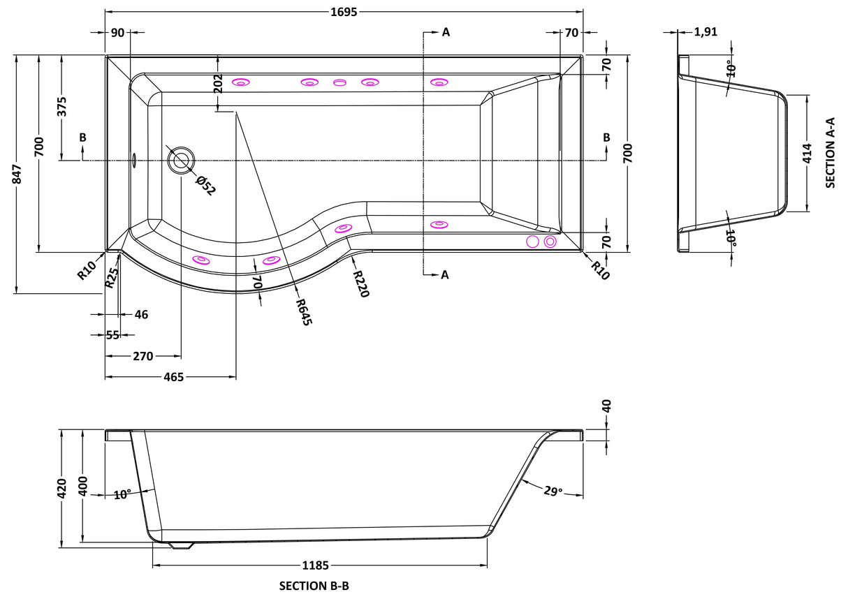 Modern Splash  1700mm P Shape Left Hand 8 Chrome Jet Whirlpool Bath
