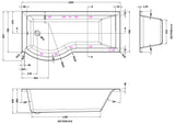 Modern Splash  1700mm P Shape Left Hand 8 Chrome Jet Whirlpool Bath