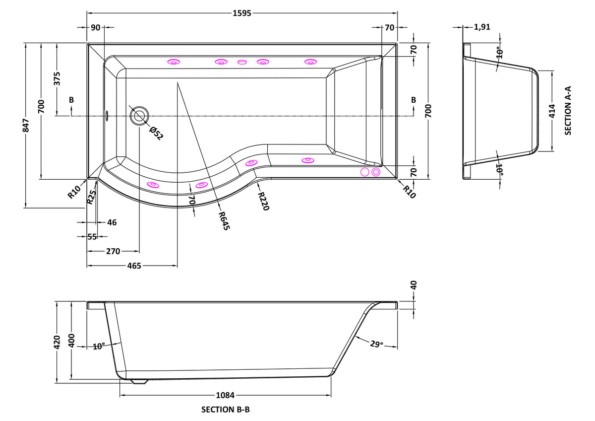 Modern Splash  1600mm P Shape Left Hand 8 Chrome Jet Whirlpool Bath