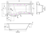 Modern Splash  1600mm P Shape Left Hand 8 Chrome Jet Whirlpool Bath