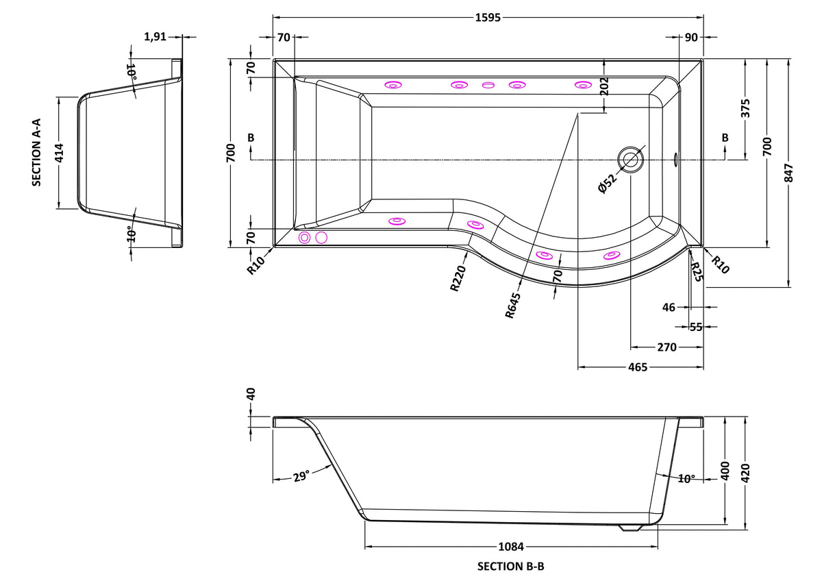 Modern Splash  1600mm P Shape Right Hand 8 White Jet Whirlpool Bath