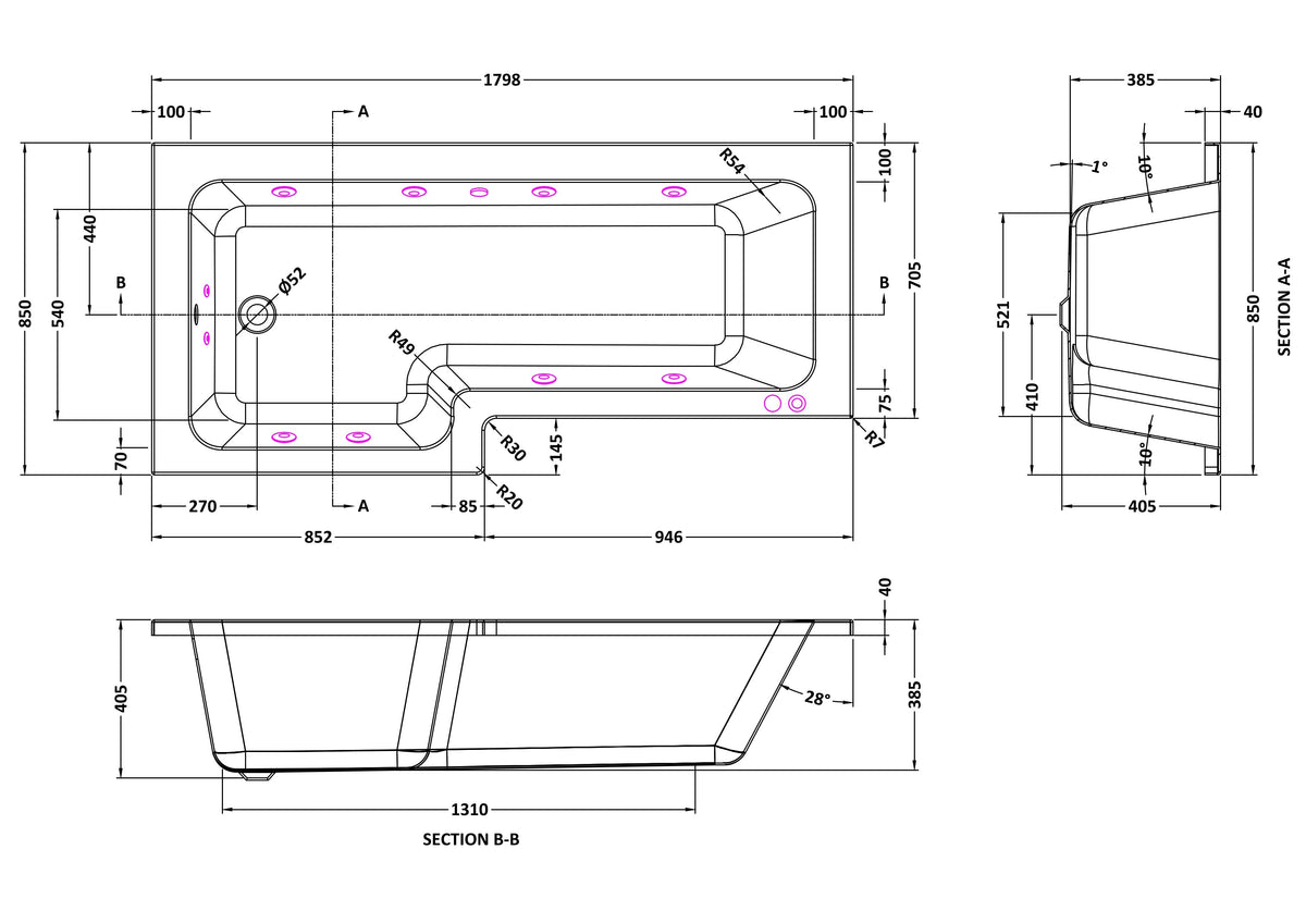 Modern Splash  1700mm L Shape Left Hand 8 Chrome Jet Whirlpool Bath