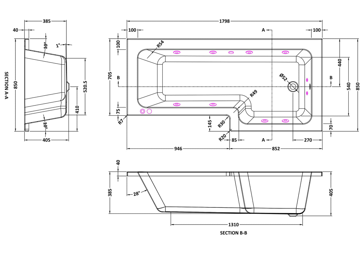 Modern Splash  1700mm L Shape Right Hand 8 Chrome Jet Whirlpool Bath