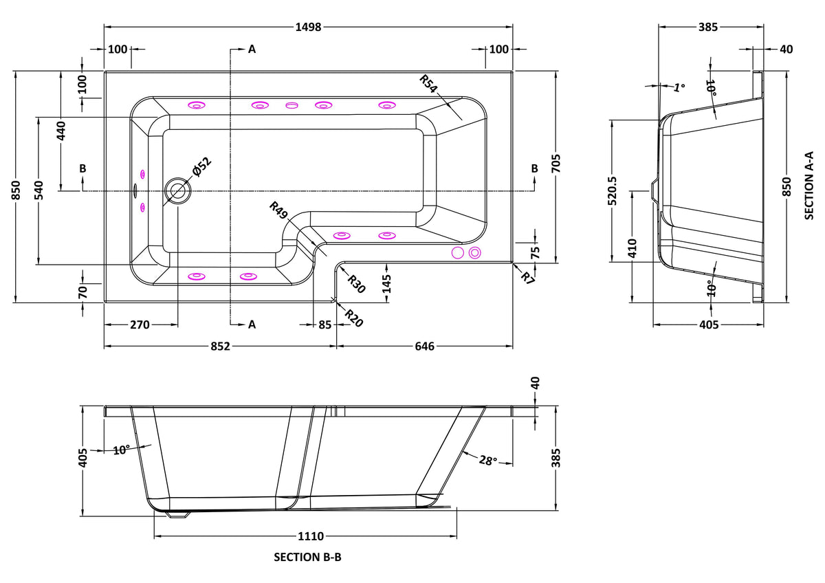 Modern Splash  1500mm L Shape Left Hand 8 Chrome Jet Whirlpool Bath