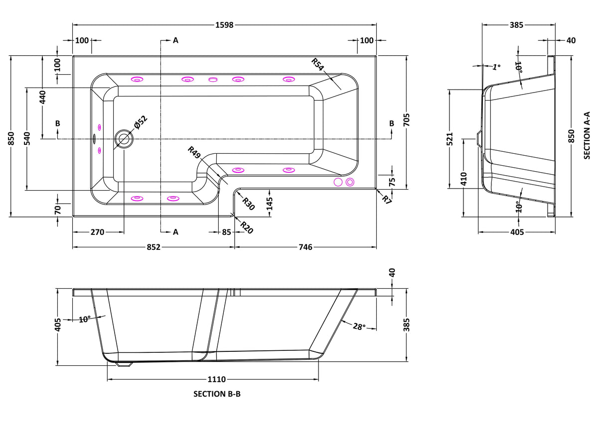 Modern Splash  1600mm L Shape Left-Hand 8 White Jet Whirlpool Bath