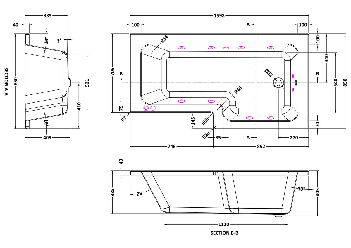 Modern Splash  1600mm L Shape Right-Hand 8 White Jet Whirlpool Bath