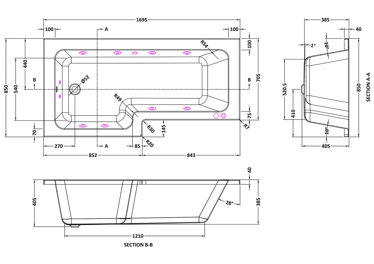 Modern Splash  1800mm L Shape Left-Hand 8 White Jet Whirlpool Bath