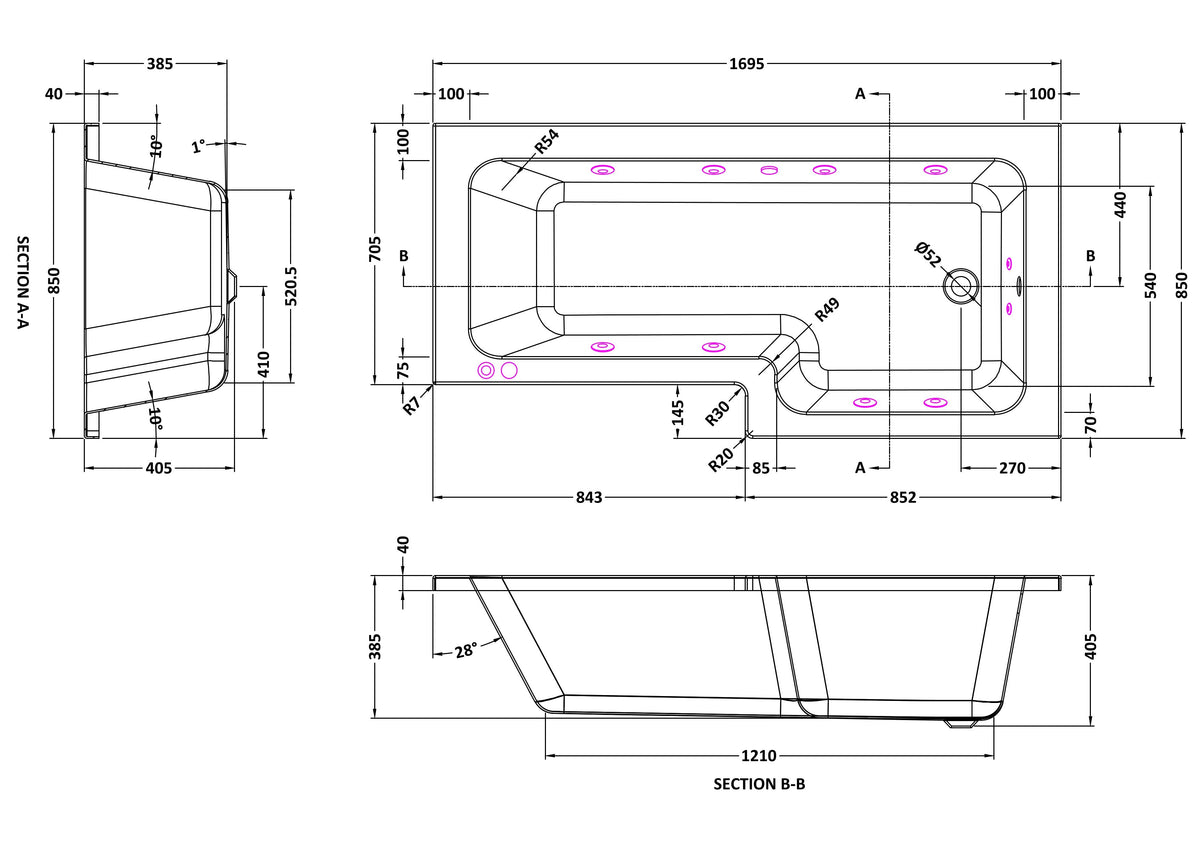 Modern Splash  1800mm L Shape Right-Hand 8 Chrome Jet Whirlpool Bath
