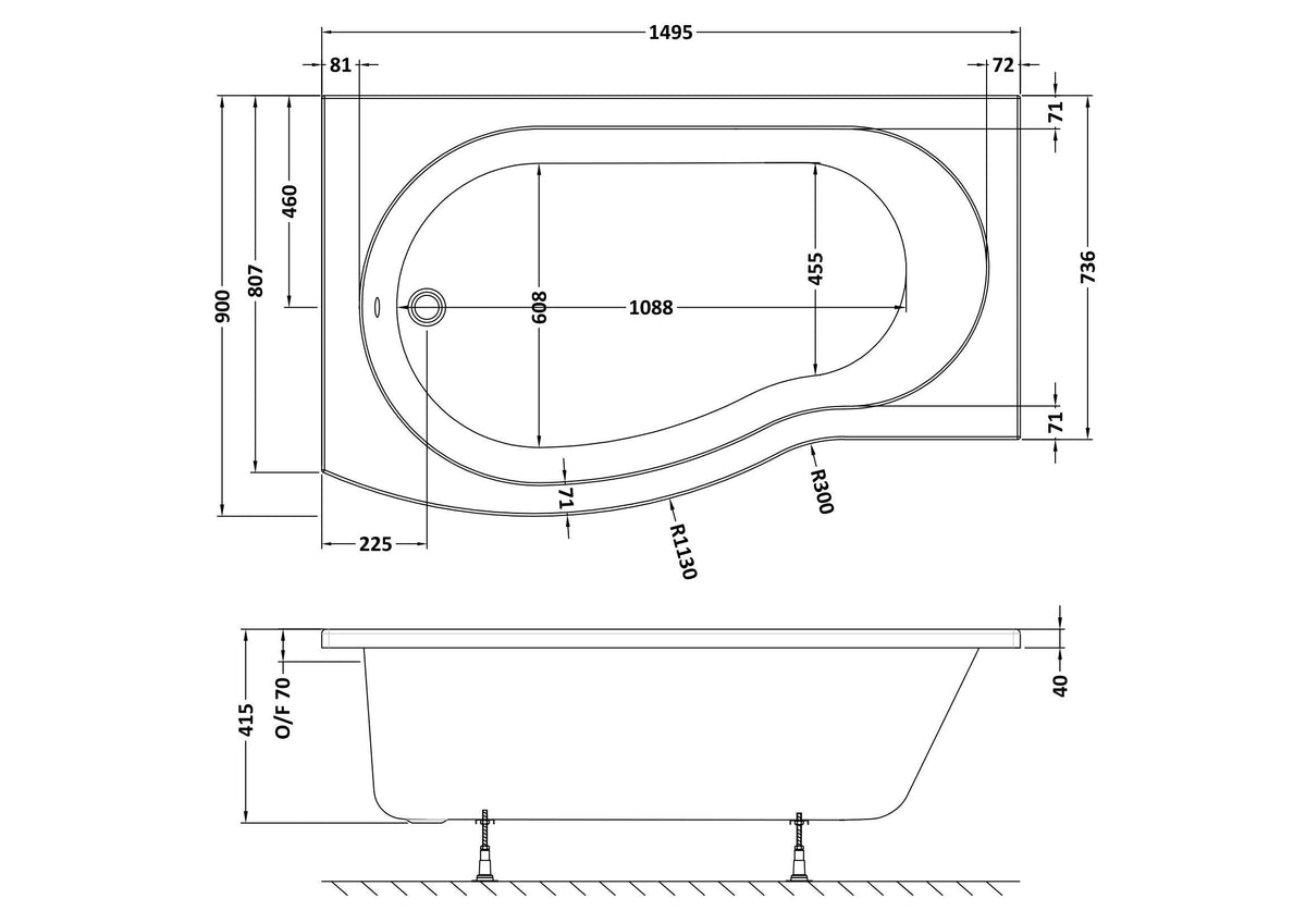 Modern Splash 1495mm Left-Hand B Shaped Shower Bath With Legs