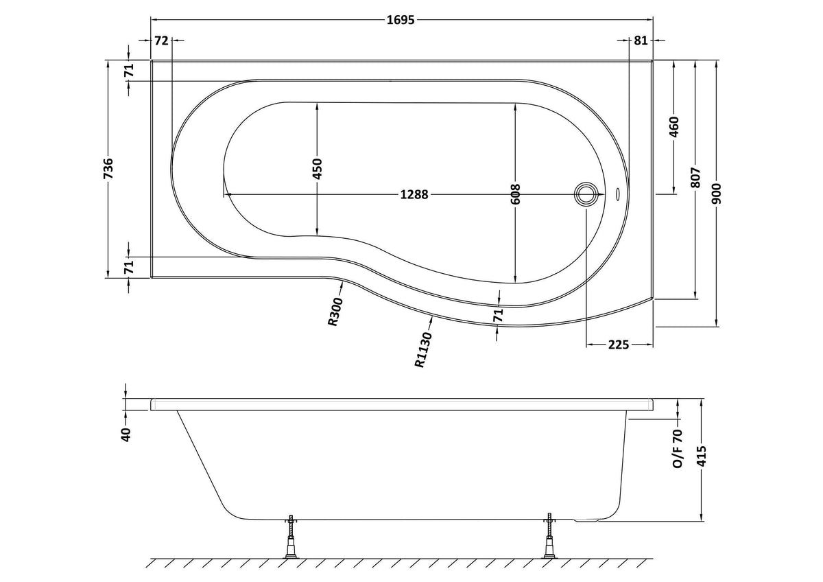 Modern Splash 1695mm Right-Hand B Shaped Shower Bath With Legs