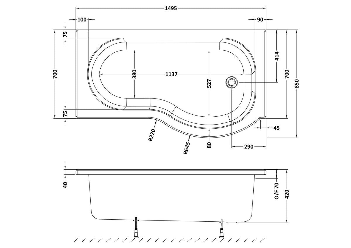 Modern Splash 1500mm Right-Hand P Shaped Shower Bath With Legs