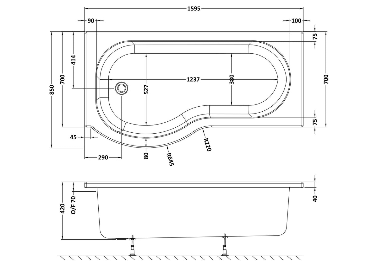 Modern Splash 1600mm Left-Hand P Shaped Shower Bath With Legs