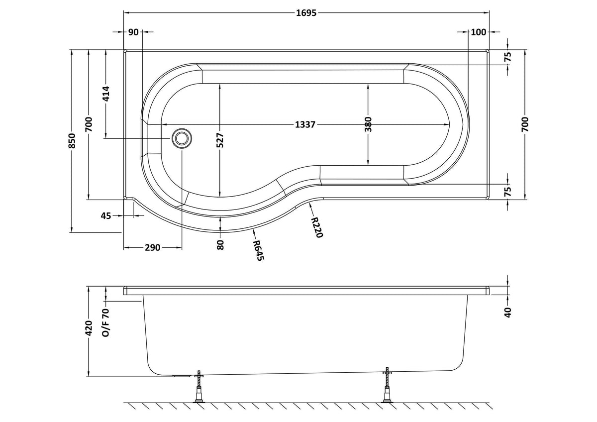 Modern Splash 1700mm Left-Hand P Shaped Shower Bath With Legs