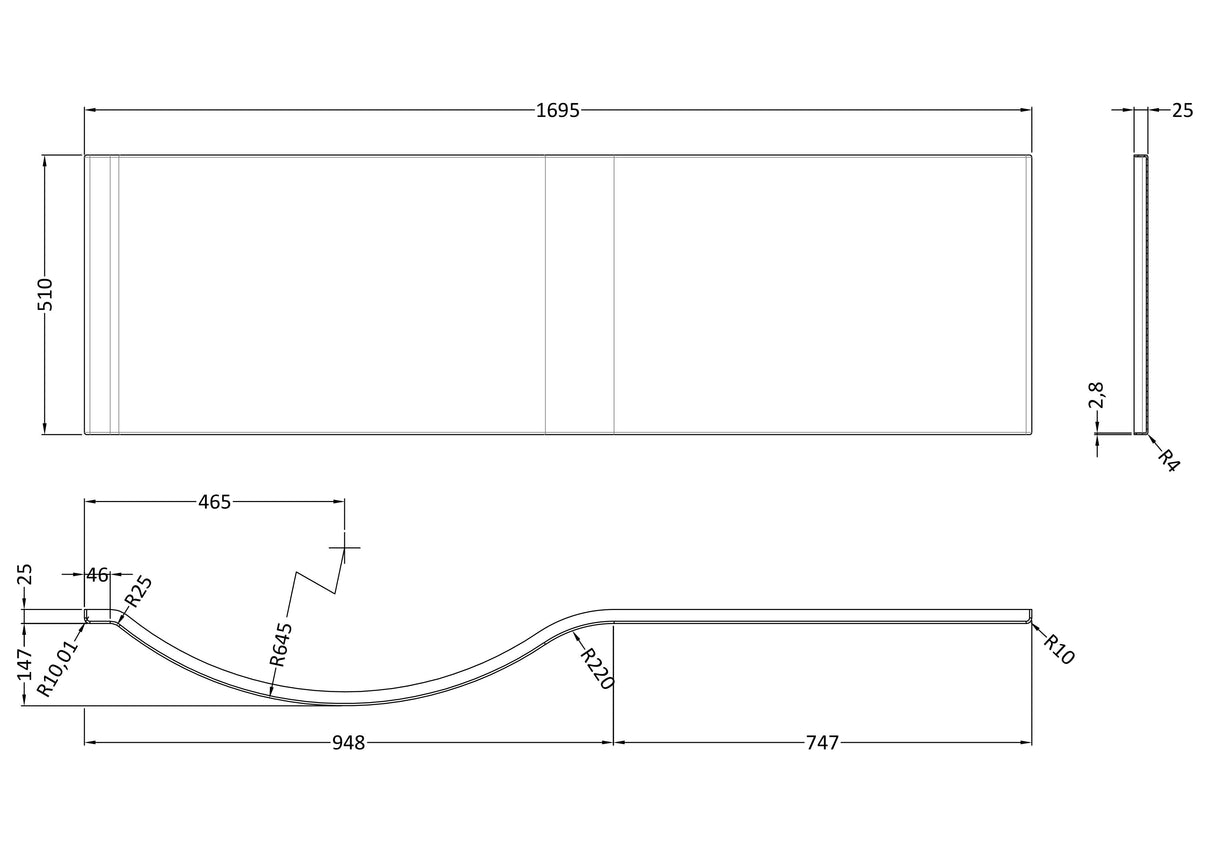 Modern Splash 1700mm P-Shaped Acrylic Shower Bath Front Panel