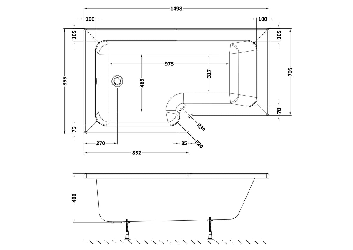 Modern Splash 1500mm Left-Hand Square Shower Bath With Legs