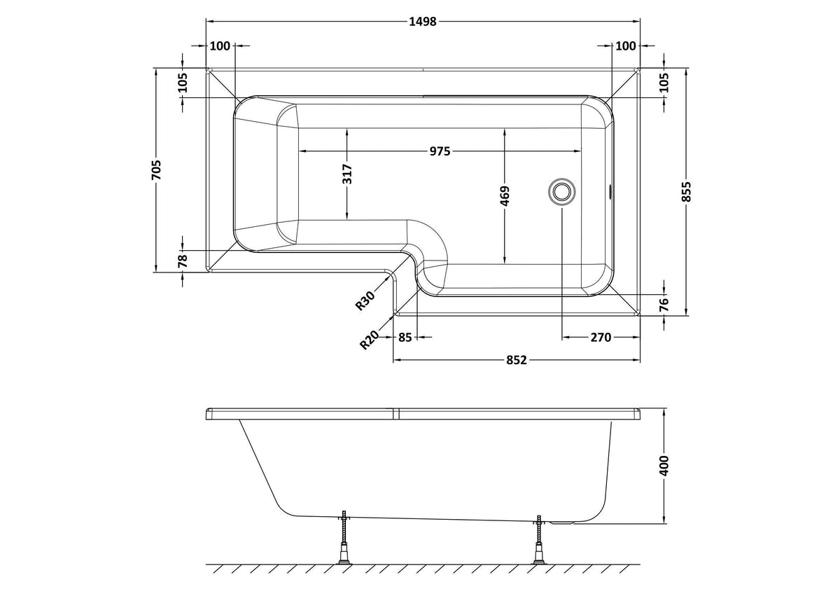 Modern Splash 1500mm Right-Hand Square Shower Bath With Legs