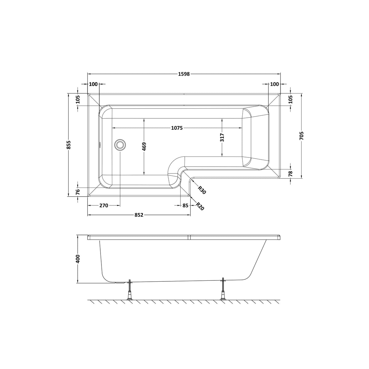 Modern Splash 1600mm Left-Hand Square Shower Bath With Legs